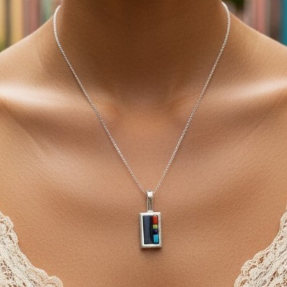 ✨️Signed Navajo! R Twinhorse! Sterling Silver Inlay Rectangular Pendant!